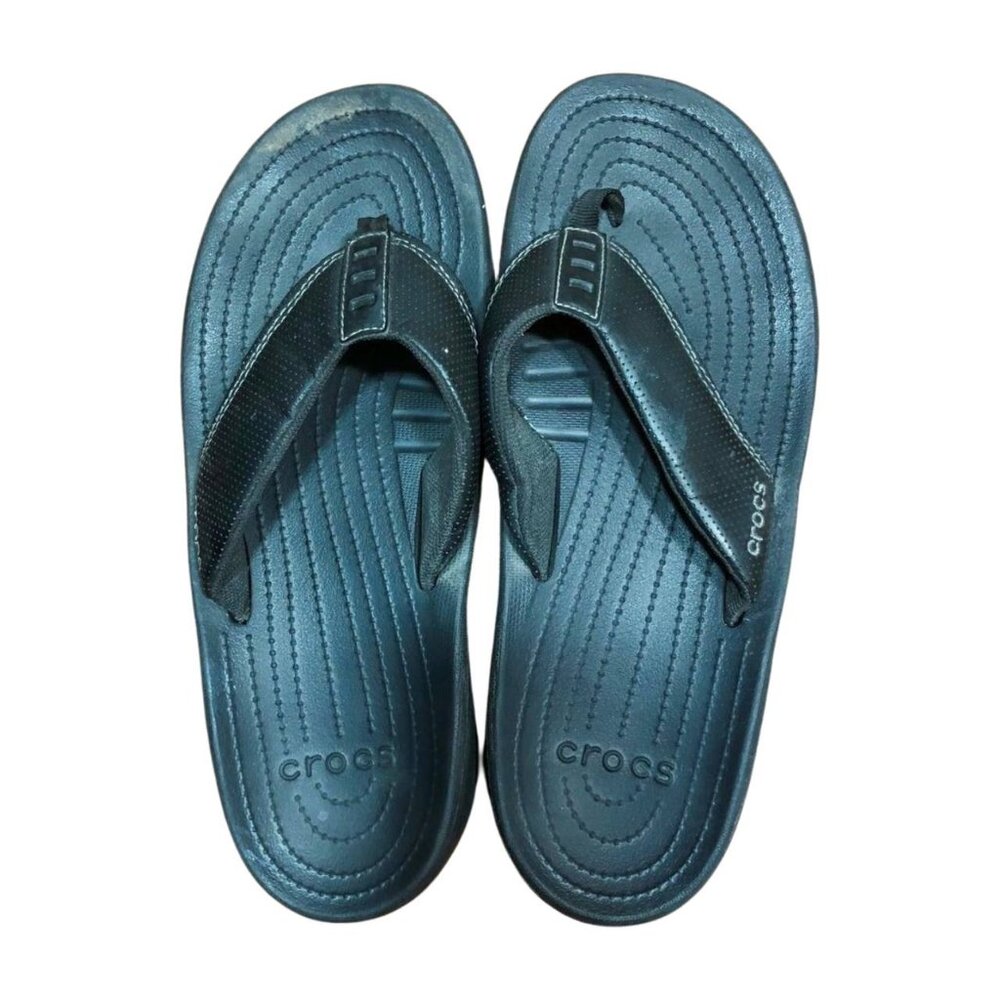 CROCS Flip Flop 204971 Men's Size 10 Black Leather Strap Thong Sandals